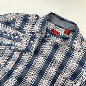 IZOD Luxury Sport Mens Plaid Button Down Shirt Blue Pink Roll Tab Sleeve Size M